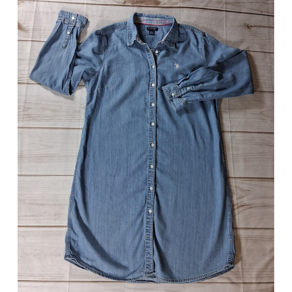 U.S. Polo Assn Chambray Shirt Dress Women's L Denim Button Front Long Sleeve